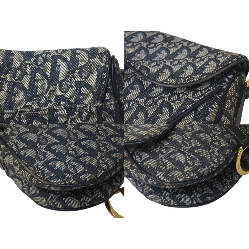 Dior Christian Double Canvas Saddle Trotter Blue Leather Bag Gold Navy - Picture 4 of 8